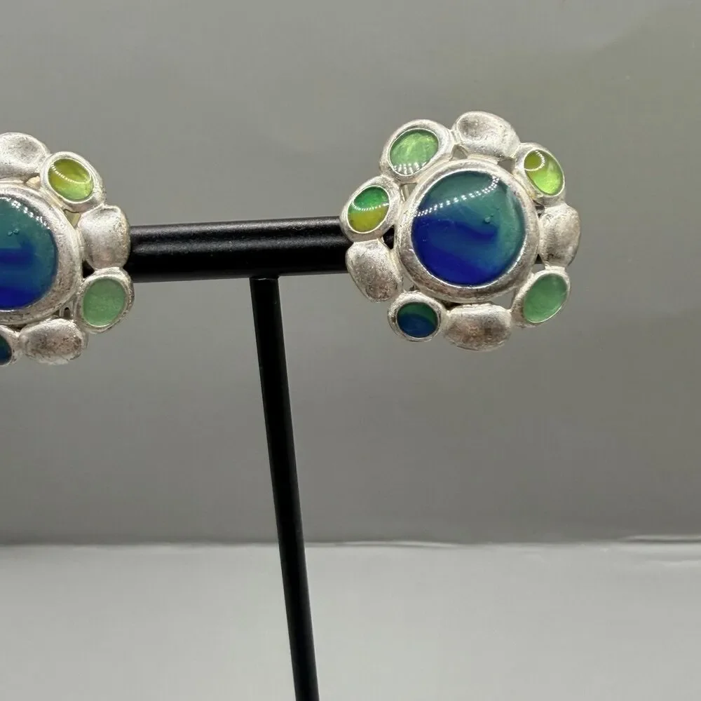 VTG Anne Klein Round Western Boho Clip On Earrings Silver Tone Floral Blue Green